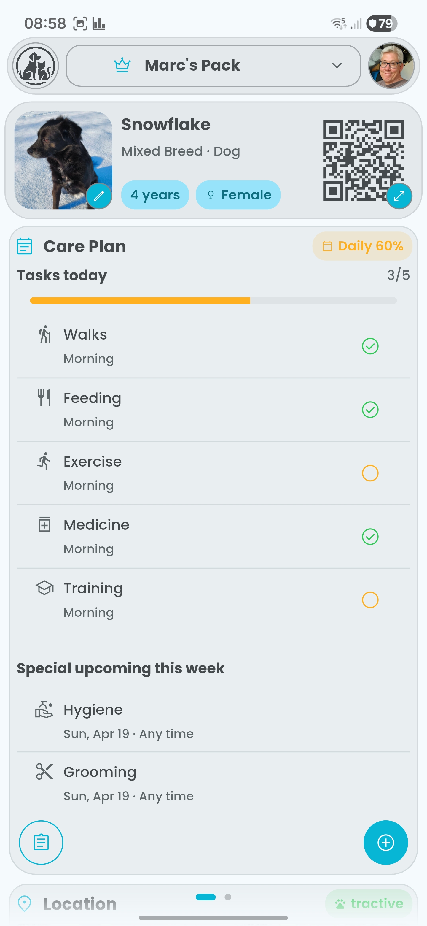 Care plan screen with recurring tasks