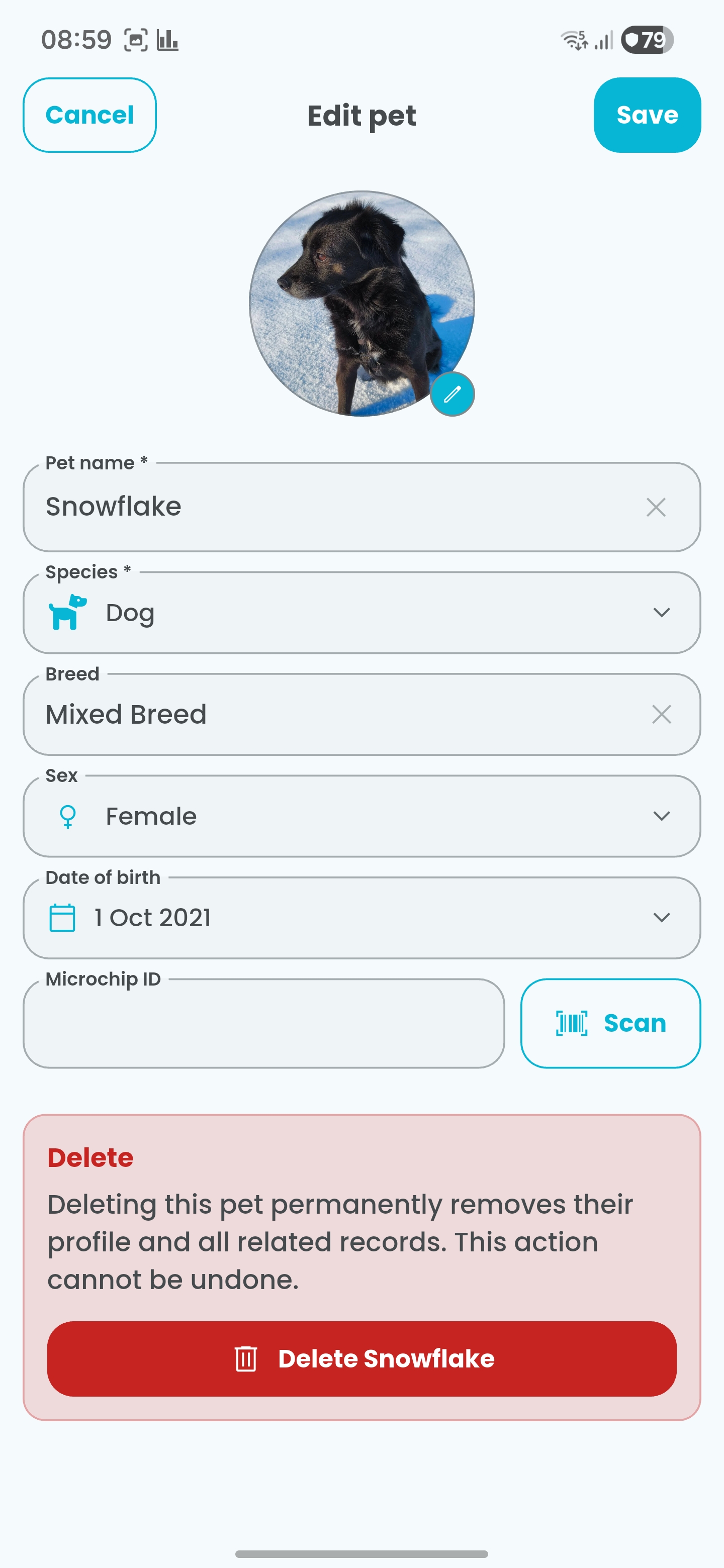 Pet edit screen showing rich profile fields